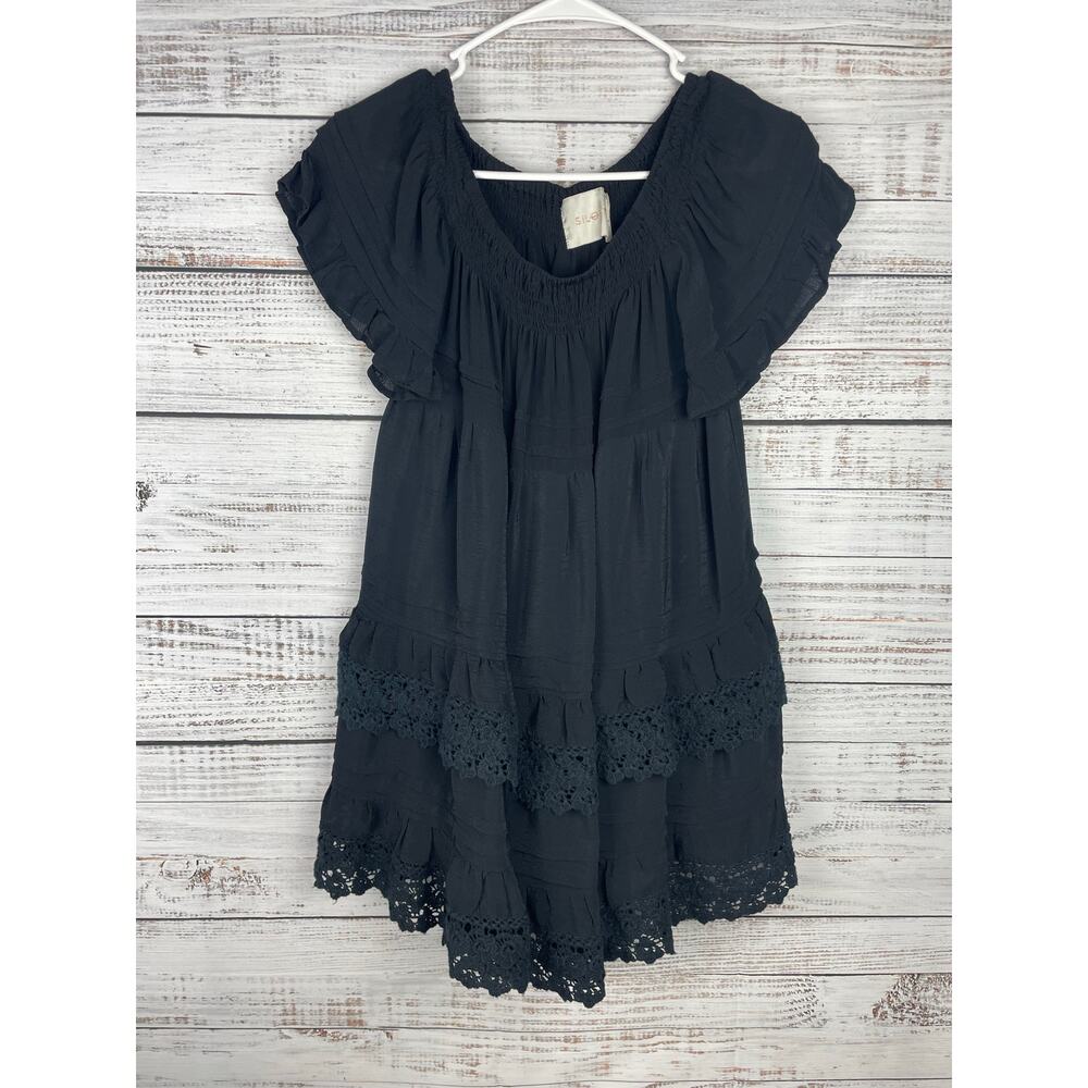 Siloett Black Tiered Mini Dress Smocking Lace Boho Small Lace Ruffle Dark Fairy